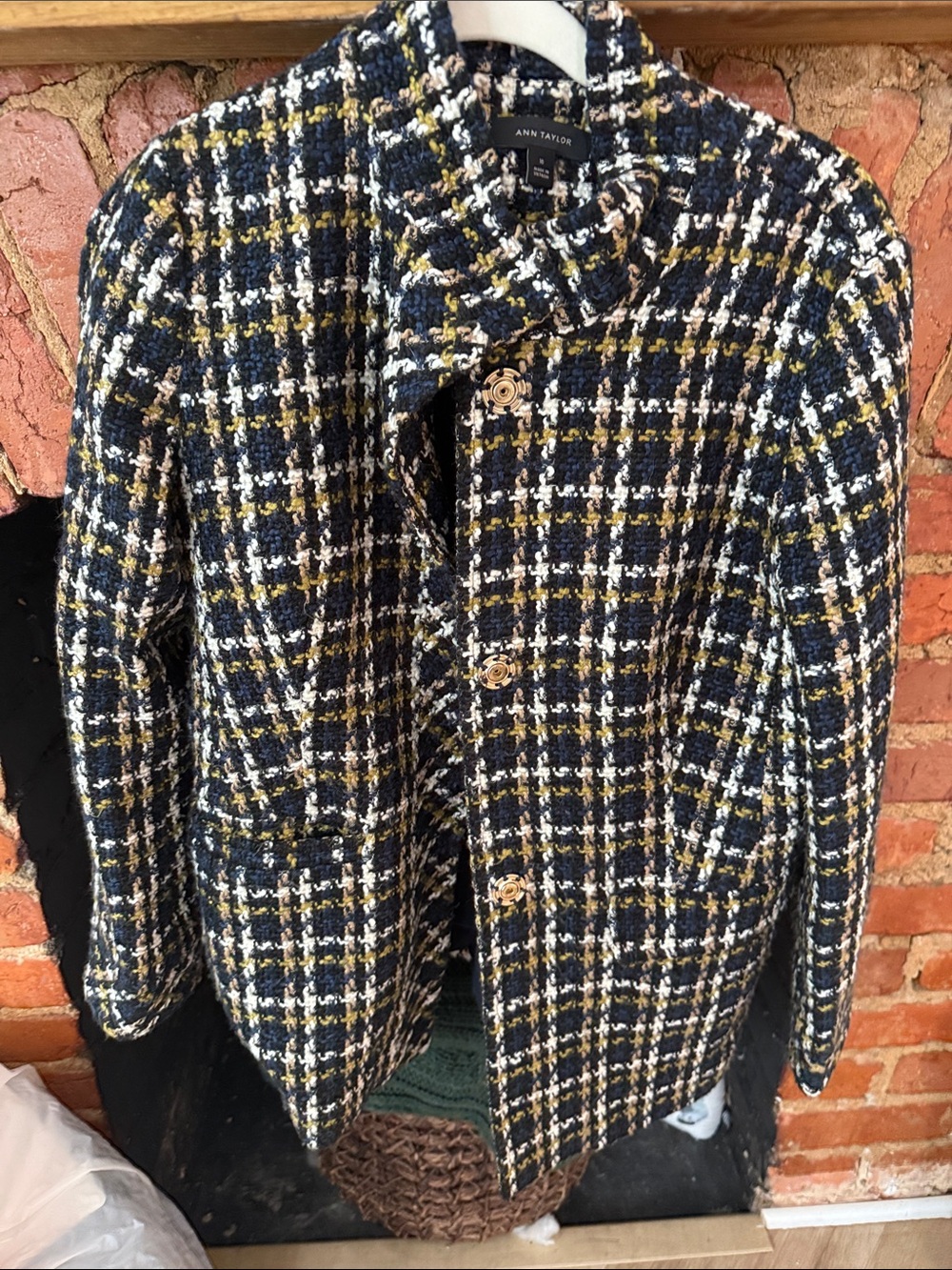 Ann Taylor Navy, White & Mustard Tweed Plaid Jacket